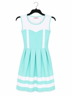 Sleeveless Mint & White Pleated Midi Dress